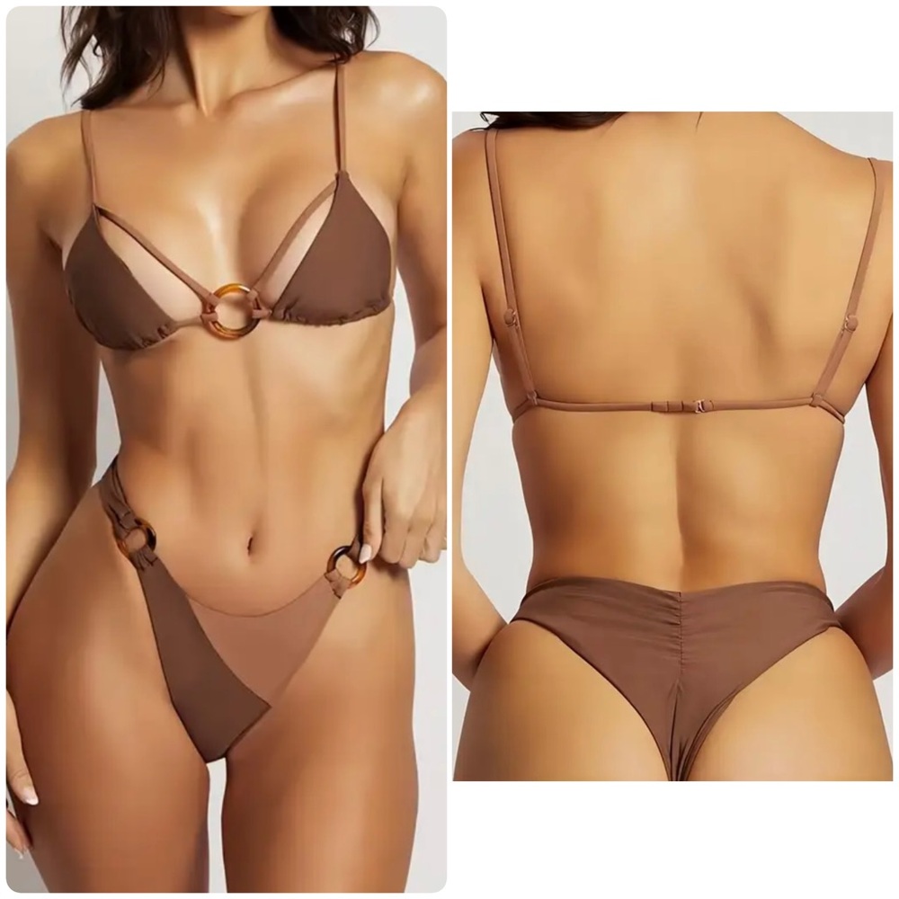 Brown Color Block High Cut Thong Bikini Set